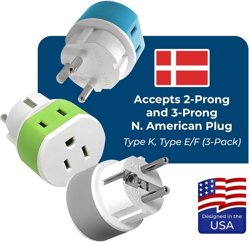 OREI Denmark Power Plug Adapter with 2 USA Inputs - Travel 3 Pack - 1 Type K & 2 Type E/F Safe Grounded Use with Cell Phones, Laptop, Camera Chargers, CPAP, and More - Image 2